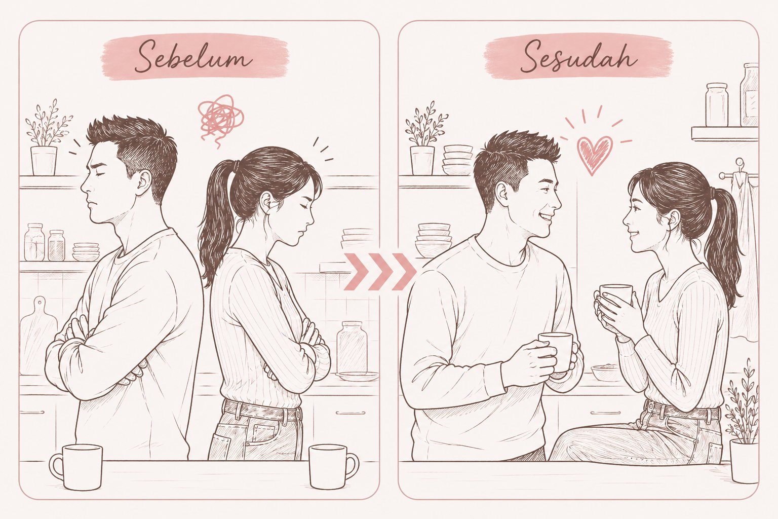 Ilustrasi transformasi pasangan: dari saling membelakangi jadi saling menatap dengan hangat